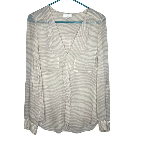 Aritzia Babaton Silk Blouse Roll Tab Sleeve Neutral Tiger Stripe Size S Cream - Picture 1 of 12